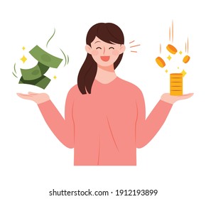 Happy woman holding full of coins and bills in both hands. Economy and savings concept vector illustration.