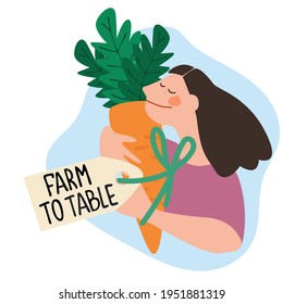 Happy woman holding giant carrot with Farm to Table tag. Harvesting, fresh vegetables delivery, trading concepts