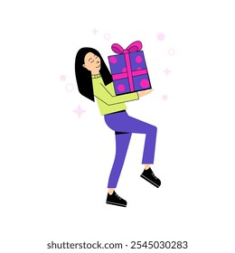 Happy woman holding gift box. Young girl with present in hands. Doodle vector illustration.