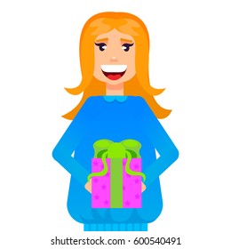  Happy woman holding gift box.Flat vector illustration