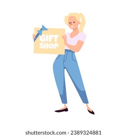 Happy woman holding gift card for gift shop, flat vector illustration isolated on white background. Gift store advertising.