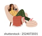 Happy woman holding glass mug with hot drink cartoon, winter landscape outside. Vector isolated girl sitting in armchair, cozy winter rest at home. Female drinking tea or coffee by window