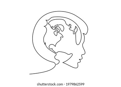 Happy woman holding the globe in her head, peace on earth concept, care about Earth logo. Continuous one line drawing. Vector illustration