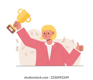 Mujer feliz sosteniendo goblet. Logro comercial, triunfo y concepto galardonado. Los empresarios exitosos lograron objetivos, llevando trofeo. Ilustración vectorial plana en estilo de dibujos animados