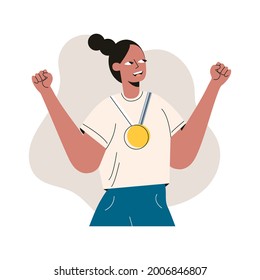 Happy woman holding golden medal and celebrating victory. Female character success, girl is competition winner, champion or leader concept, sports triumph. Flat vector cartoon isolated illustration