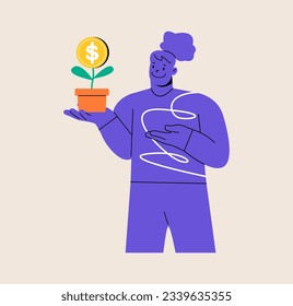 Happy woman holding growing plant with dollar money coin flower.  Investment concept. Colorful vector illustration
