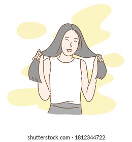 Happy woman holding hair. Hand draw flat character style.