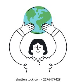 Happy woman holding in hands earth planet. Ecology, environment protection, save planet. Outline, linear, thin line, doodle art. Simple style with editable stroke.