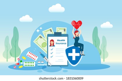 Happy woman holding heart with ECG - EKG signal sitting on insurance contract form. Idea for life, health insurance and healthcare medical concept.