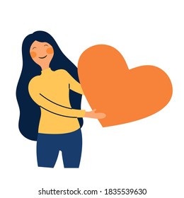 Happy woman holding heart  isolated on white background. vector illustration for graphic or valentine content. flat design style minimal	