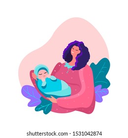 Happy woman holding her newborn baby caring and nursing him in hands. Motherhood concept. Mom and child week banner, happy mother day clip art. Postpartum rehabilitation and support. Flat illustration