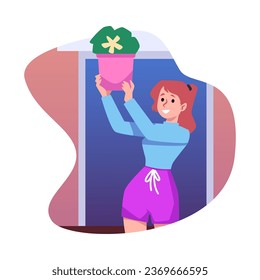 Happy woman holding houseplant on her balcony, flat vector illustration isolated on white background. Friendly neighborhood and gardening concepts.