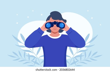 Happy woman holding huge binocular and looking far ahead. Girl is watching someone closely. Observation, discovery, future concept. Vector illustration