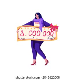 Happy woman holding a huge check for millions in her hands. Excited money winner in lottery jackpot. Money prize. Colorful vector illustration. Cartoon style. White background. 
