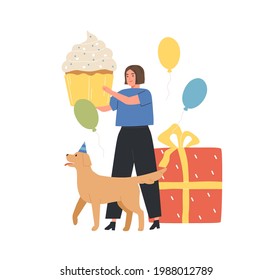 Happy woman holding huge festive cupcake for birthday party. Female character and dog with cake, balloons and gift. Celebration concept. Colored flat vector illustration isolated on white background