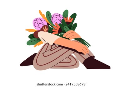 Happy woman holding huge flower bunch. Smiling girl sitting posing with big floral bouquet in hand. Female character with spring blossomed blooms. Flat vector illustration isolated on white background