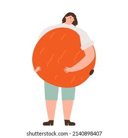 Happy woman holding a huge fresh orange. Eat local, organic, homegrown and healthy eating and veganism concept. Cartoon vector isolated illustration.