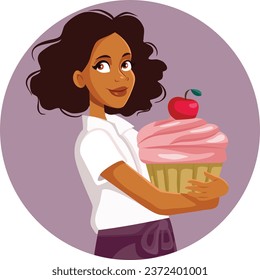 
Happy Woman Holding a Huge Strawberry Cupcake Vector Cartoon illustration.Cheerful girl enjoying a big muffin dessert by herself
