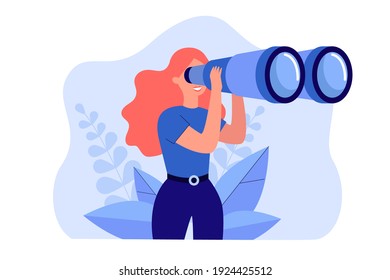 Happy woman holding huge tourists binocular and looking far ahead. Vector illustration for observation, discovery, future concept