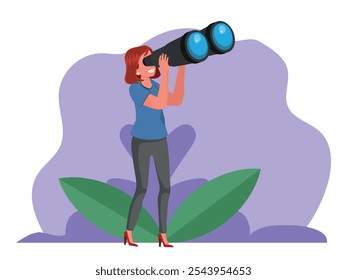 Happy woman holding huge tourists binocular and looking far ahead. Vector illustration for observation, discovery, future concept.