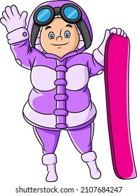 The happy woman is holding the ice boarding the waving the hand of illustration