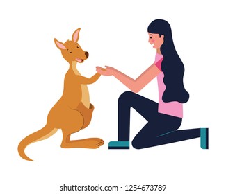 happy woman holding kangaroo