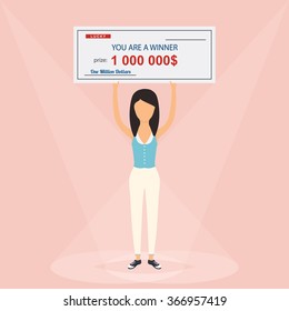 Happy woman holding large check of one million dollar in hands. Colorful Vector Illustration.