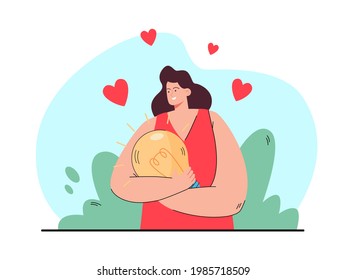 Happy woman holding light bulb with both hands. Flat vector illustration of girl having great idea about romantic relationship. Hearts in background. Love, solution concept.