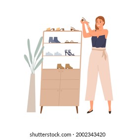 Happy woman holding and looking at fashion pair of heeled shoes and admiring them. Female with perfect women footwear in hands during shopping. Flat vector illustration isolated on white background