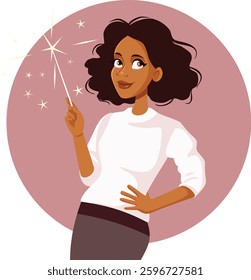 
Happy Woman Holding a Magic Wand Vector Illustration Character. Entrepreneur solving all the problems magically finding the best solutions