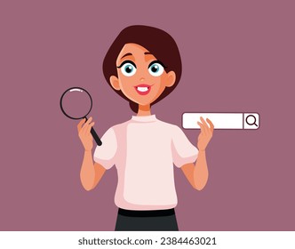 
Happy Woman Holding a Magnifying Glass and a Search Bar Vector Character. Person stalking online finding different information and personal data
