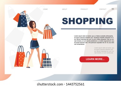 Happy woman holding the many various shopping bags cartoon character design flat vector illustration on white background web site page design