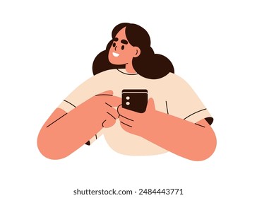 Happy woman holding mobile cell phone in hand. Smartphone user with cellphone, surfing internet, browsing online. Smiling female uses telephone. Flat vector illustration isolated on white background