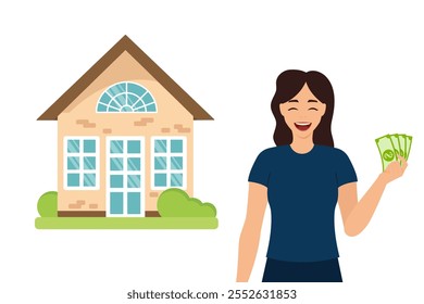 Mujer feliz que sostiene el dinero para comprar una casa. Ilustración vectorial de préstamos hipotecarios o de vivienda.