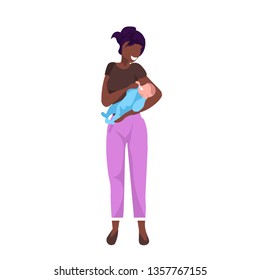 happy woman holding newborn baby african american mother with little child mix race family concept flat full length white background