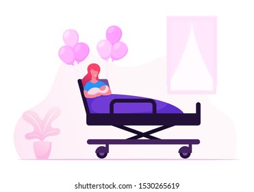 Happy Woman Holding Newborn Baby On Hands In Chamber Of Maternity Hospital. Delivery Childbirth Clinic Room With Mother And New Born Child Lying In Bed With Balloons Cartoon Flat Vector Illustration