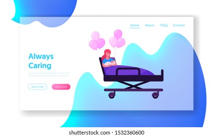 Happy Woman Holding Newborn Baby on Hands in Chamber of Maternity Hospital Website Landing Page. Delivery Childbirth Clinic Room with Mother and Child Web Page Banner. Cartoon Flat Vector Illustration