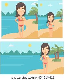 Happy woman holding an orange cocktail on the beach. Young woman drinking a cocktail on the beach. Woman enjoying her vacation. Vector flat design illustration. Square, horizontal, vertical layouts.