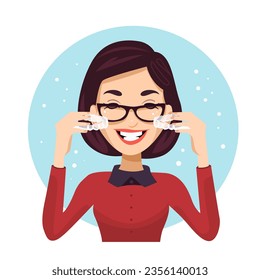 Happy woman holding orthodontic silicone trainer in her hands. Invisible braces aligner, retainer. Healthy smile. Under, upper jaw. Medical poster. Editable vector illustration on a white background.