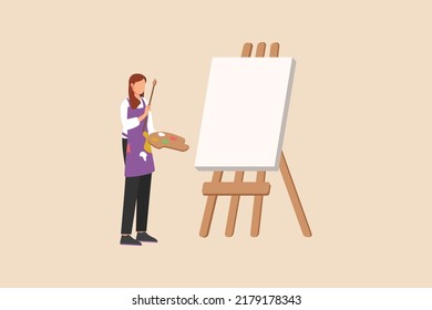 happy woman holding paintbrush and palette with colorful paints near blank canvas. Modern woman concept. Colored flat vector illustration isolated.