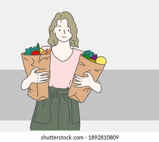 Mujer feliz sosteniendo una bolsa de compras de papel llena de frutas y verduras. Dibujado a mano en estilo de línea delgada, ilustraciones vectoriales.