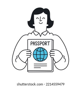 Happy woman holding passport. Travel, trip, summer time, vacation. Outline, linear, thin line, doodle art. Simple style with editable stroke.