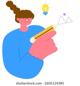 Happy woman holding a pencil, creating content and brainstorming ideas flat vector illustration