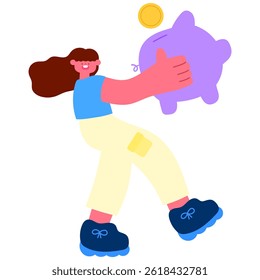 Happy woman holding a piggy bank while walking, symbolizing personal savings, financial responsibility, and money management flat vector illustration