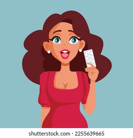 
Happy Woman Holding Pills Vector Cartoon Illustration. Cheerful patient finding the perfect cure for her disease
