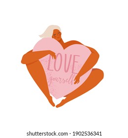 Happy woman holding a pink big heart above her head isolated on white background. Flat vector illustration.