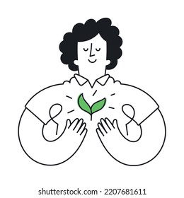 Happy woman holding a plant. Concept of ecology, green energy, new life, environmental protection. Outline, linear, thin line, doodle art. Simple style with editable stroke.