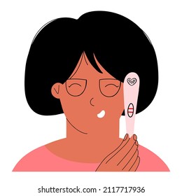 Happy woman holding a positive pregnancy test with two strips in her hand. Vector illustration in flat style