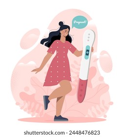 Mujer feliz que sostiene una prueba de embarazo positiva, de tono rosado en un fondo floral, concepto de anuncio del embarazo. Ilustración vectorial plana