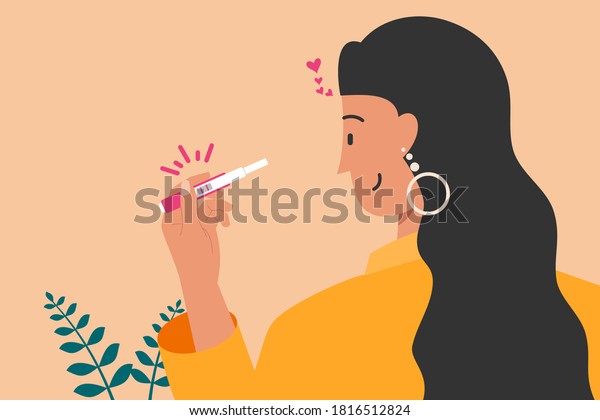 Happy Woman Holding\
Pregnancy Test with Two Line Marks as Positive Result Flat Design\
Vector Illustration. Urine Sample Analyzing Kit. Ideal for Digital\
and Print Infographic.